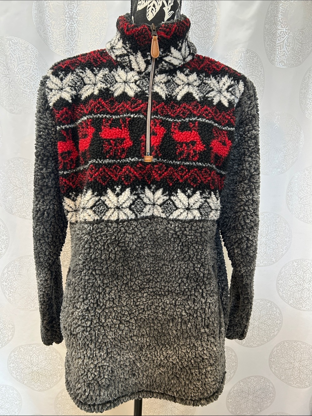 Simply Southern Half Zip Deer Sherpa Pullover Jacket Gray Red Women Small S